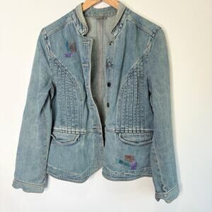 J Jill Denim Jean Jacket Button Up Painted Distressed Worn Women's Size M